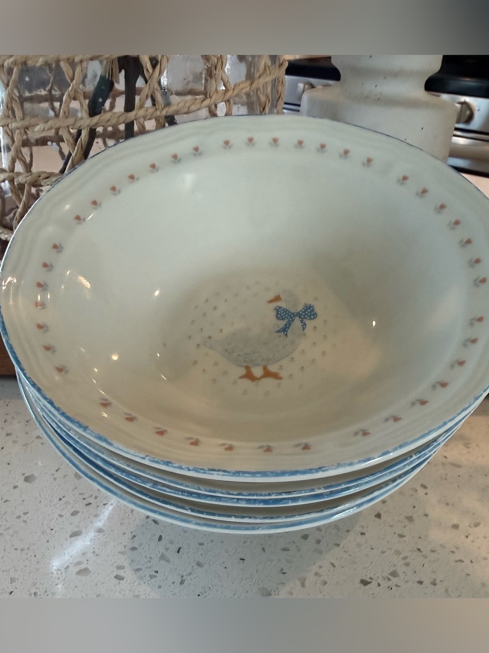5 Vintage Brickoven Stoneware Aunt Rhody Goose Cereal Bowls 7”  Set Plates Retro